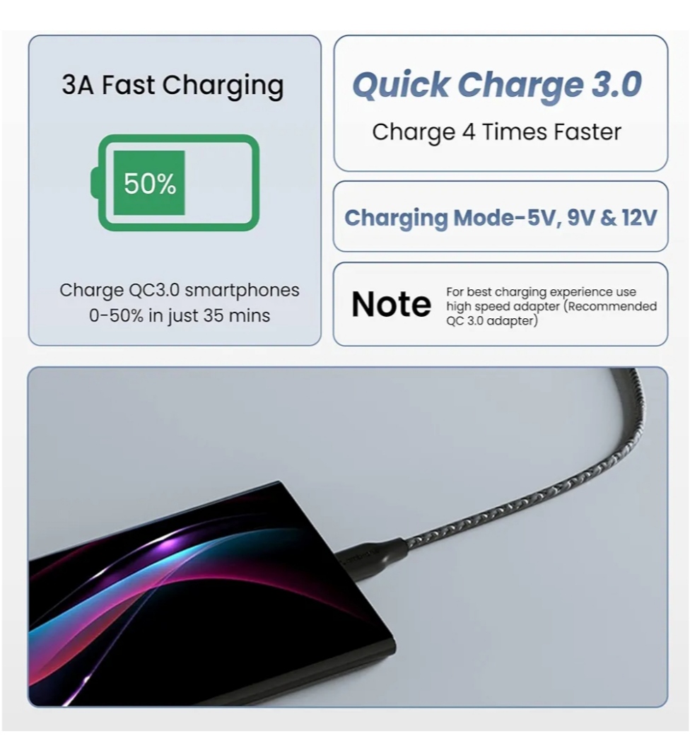 Ambrane Unbreakable 3A Fast Charging 1.5M Braided Type C USB Cable (CTG002)
